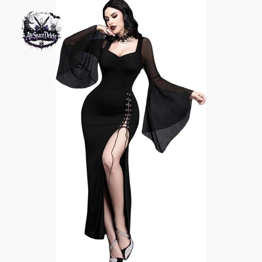 Maxi Bodycon Dress Long Sleeve High Neck Backless Party Gothic
